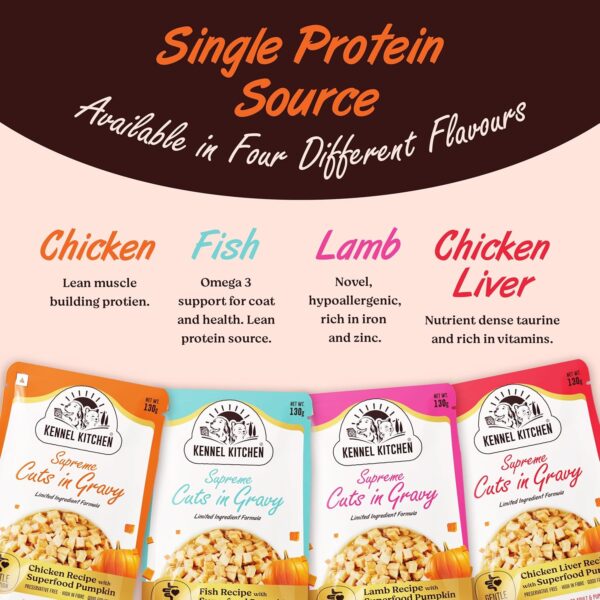 Kennel Kitchen Supreme Cuts in Gravy, Chicken Liver Recipe with Pumpkin, 130g (Pack of 12) | Wet Dog Food Gravy for Adult & Puppy | Limited Ingredient Chunks High in Fibre & Good for Hydration