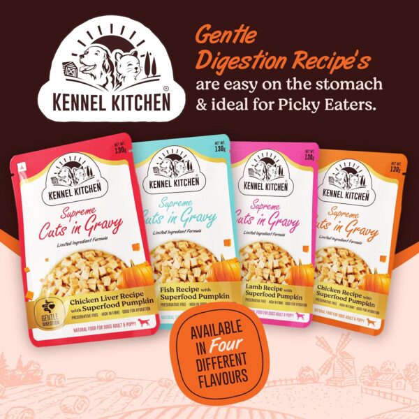 Kennel Kitchen Supreme Cuts in Gravy, Chicken Liver Recipe with Pumpkin, 130g (Pack of 12) | Wet Dog Food Gravy for Adult & Puppy | Limited Ingredient Chunks High in Fibre & Good for Hydration