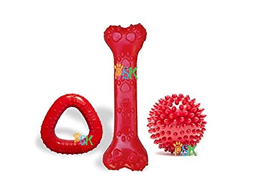 PSK PET MART Rubber Large Chew Bone, Interactive Dog Chew Toy for Adult Dogs, Combo (Spike Ball + Triangle + Bone) (Multi-Colour)(Pack of 1Pcs)