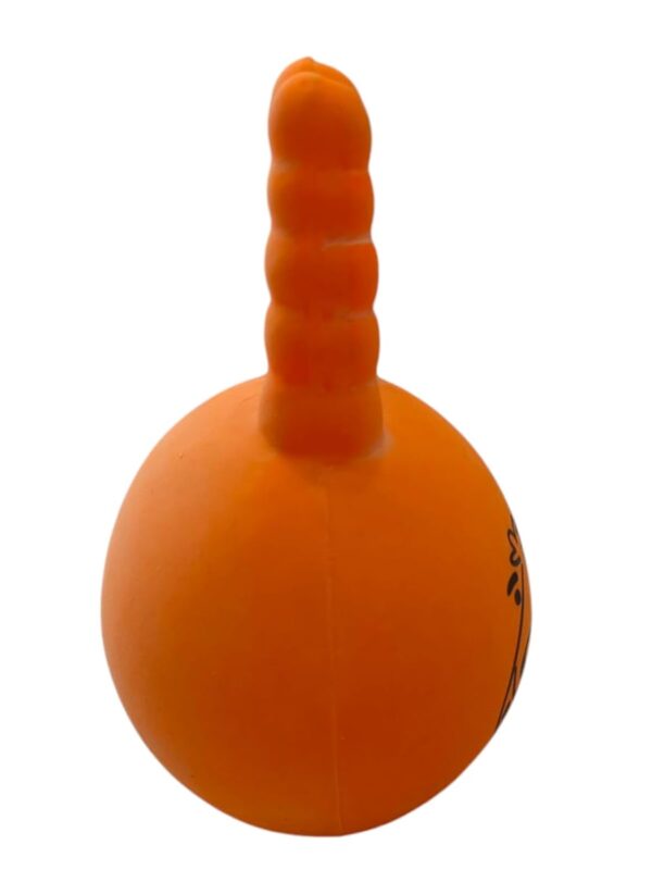 41rhawt7k2L._SL1500_.jpg The Pets Company Latex Squeaky Chew Dog/Puppy Toy for Puppies & Small Dogs | Durable, Animal Design, Non-Toxic, for Playing, Teething and Chewing | Ball with Horns - 13 Cm (Color May Vary)