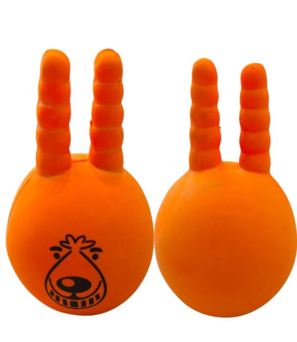 51CVWfW5sEL._SL1384_.jpg The Pets Company Latex Squeaky Chew Dog/Puppy Toy for Puppies & Small Dogs | Durable, Animal Design, Non-Toxic, for Playing, Teething and Chewing | Ball with Horns - 13 Cm (Color May Vary)