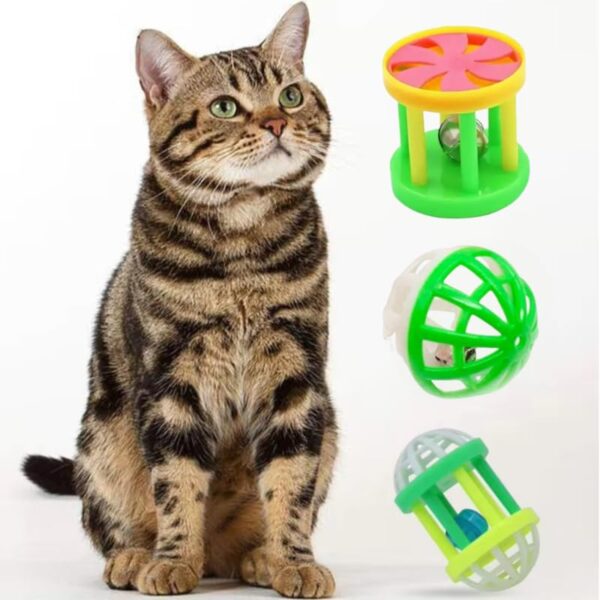 51DzXlotFmL.jpg PSK PET MART New pet cat Supplies Two-Color Bell Ball with Colorful Flower Drum Sound Toy Pack of 3Pcs Set