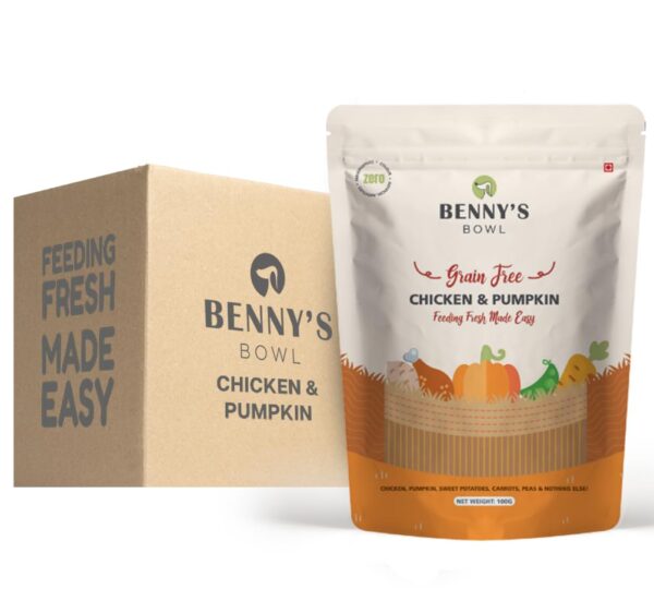 Benny’s Bowl Fresh and Wet Dog Food Chicken and Pumpkin Benny’s Bowl Fresh and Wet Dog Food Chicken and Pumpkin Recipe High Protein Balanced Daily Nutrition Soft Wet Food for All Breed and Life Stages Grain Free (100 gm X 15 Packs Total 1.5 kg)