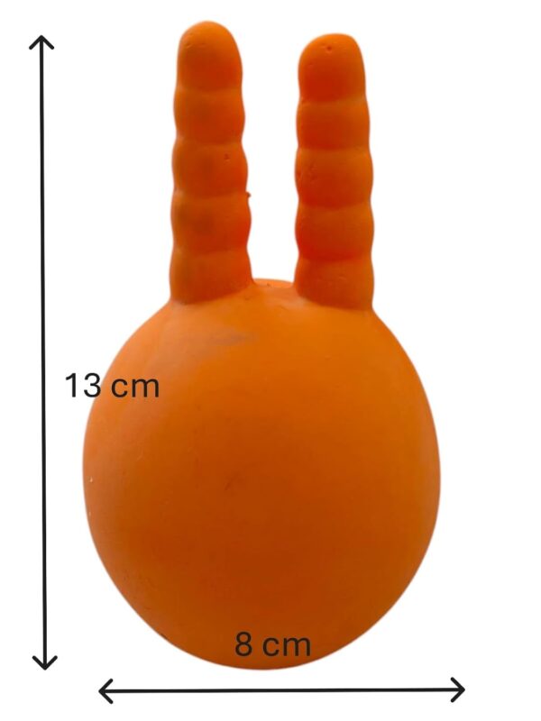 51X2SlhkFML._SL1500_.jpg The Pets Company Latex Squeaky Chew Dog/Puppy Toy for Puppies & Small Dogs | Durable, Animal Design, Non-Toxic, for Playing, Teething and Chewing | Ball with Horns - 13 Cm (Color May Vary)
