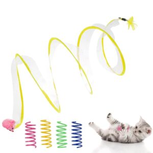 Foldable Tunnel Cat Toy, Stress-Relieving Fun Interactive Toy, Collapsible Donut Foldable Tunnel Cat Toy, Stress-Relieving Fun Interactive Toy, Collapsible Donut Tunnel with Bell, Feather, Colorful Mice, and 4 pcs Spiral Spring Toy for Small, Medium Cat- Yellow