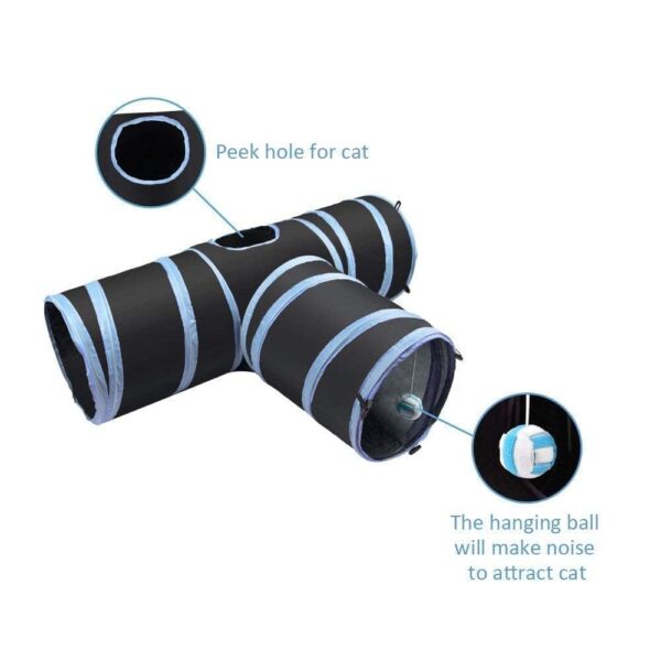 Foodie Puppies Interactive Foldable Hiding 3-Way Cats Tunnel with Hanging Ball (Blue, T-Shape Tunnel) | Maze Toy, Puzzle & Training Cave Suitable for Cat, Kitten, Rabbit, Guinea Pig & Puppies