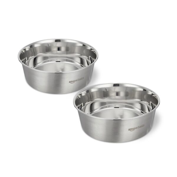 Amazon Basics Heavy Dog Bowl | Large Stainless Steel Food Bowl for Dogs, Cats and Pets (Pack of 2 x 1600 ml)
