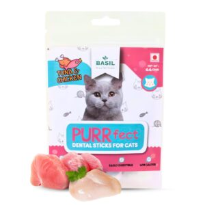 Basil Purrfect Cat Dental Sticks | Tuna & Chicken | Treats for Adult Cats | Good for Oral Hygiene & Helps Control Hairballs, Supports Easy Digestion, and Promotes a Healthier Coat | 44g