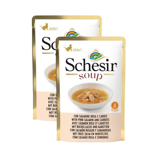 Schesir Pink Salmon & Carrot Cat Soup – Premium Wet Schesir Pink Salmon & Carrot Cat Soup – Premium Wet Cat Food Pouch | Natural, High-Protein, Omega-Rich, Tasty Soup for Adult Cats – Supports Skin & Digestion, 85g (Pack of 2)