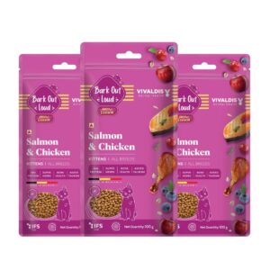 Bark Out Loud by Vivaldis - Kitten Dry Cat Food Bark Out Loud by Vivaldis - Kitten Dry Cat Food Chicken & Salmon 300 gm, Protein-Packed Immunity, Growth & Development Booster, contributes to Healthy Heart, Skin, Coat and Eye.