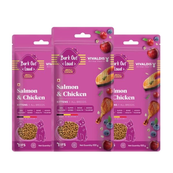 Bark Out Loud by Vivaldis - Kitten Dry Cat Food Bark Out Loud by Vivaldis - Kitten Dry Cat Food Chicken & Salmon 300 gm, Protein-Packed Immunity, Growth & Development Booster, contributes to Healthy Heart, Skin, Coat and Eye.