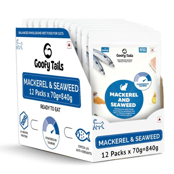 Goofy Tails Mackerel and Seaweed Wet Cat Food and Kitten Food, 350g (70g X 5 Pouches), Preservative Free, Gluten & Grain Free, Balanced Cat Wet Food, Powered by Taurine with Omega 3 & Antioxidants