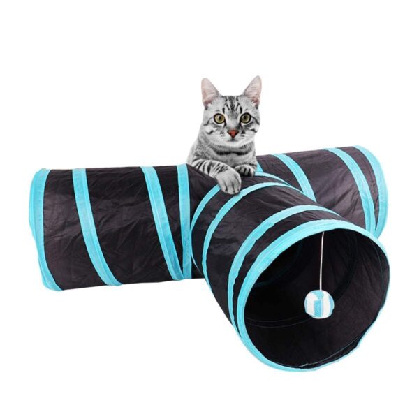 Foodie Puppies Interactive Foldable Hiding 3-Way Cats Tunnel with Hanging Ball (Blue, T-Shape Tunnel) | Maze Toy, Puzzle & Training Cave Suitable for Cat, Kitten, Rabbit, Guinea Pig & Puppies