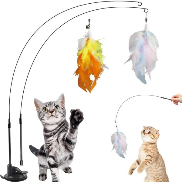Qpets® Cat Feather Toy, Cat Feathered Teasing Wand Toy Dual-Wire Qpets® Cat Feather Toy, Cat Feathered Teasing Wand Toy Dual-Wire Flexible Teasing Wand Suction Cup Colored Feathered Floor