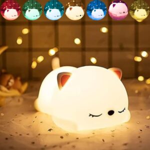 One94Store Silicone Sleeping Cat Night Light | Touch-Control Color-Changing LED Lamp | USB Rechargeable, Safe & Portable Baby Night Light | Perfect for Kid's Bedroom Decor & Gifts, Multicolour