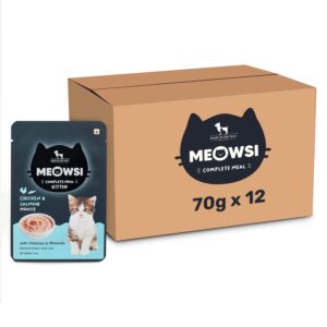 Meowsi by HUFT Chicken & Salmon Mousse Kitten Wet Food Meowsi by HUFT Chicken & Salmon Mousse Kitten Wet Food - 70 gm | Pack of 12 | High-Protein Wet Cat Food for Kittens | Cat Food Gravy for Junior Kittens (2-12 Months)