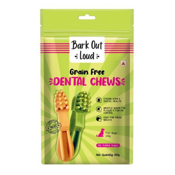 BARK OUT LOUD - Dental Treats | Brush Shape Dog BARK OUT LOUD - Dental Treats | Brush Shape Dog Chews | Removes Plaque/Tartar | Fresh Smell | Oral Care Gluten Free| Chicken Dog Treats (100 GMS)