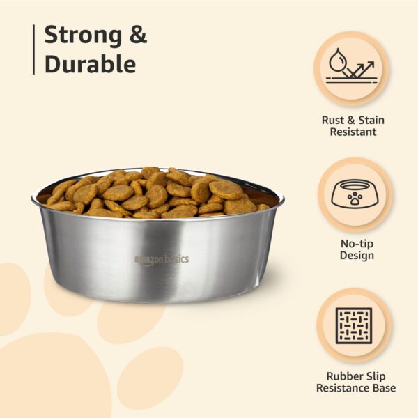 Amazon Basics Heavy Dog Bowl | Large Stainless Steel Food Bowl for Dogs, Cats and Pets (Pack of 2 x 1600 ml)