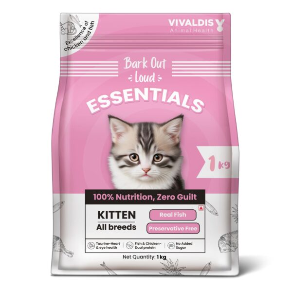 Bark Out Loud Essentials - Dry Kitten Food, Tailored Nutrition for Kittens, Fish & Chicken Kibbles with Added Taurine (1Kg)