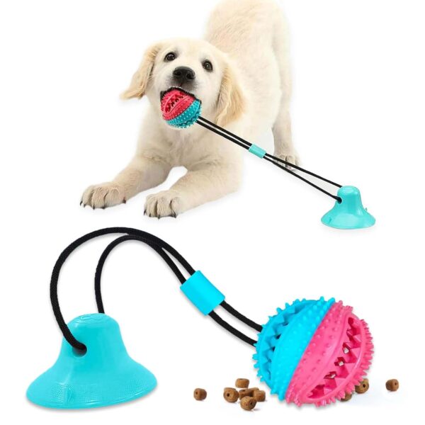 Interactive Toy | Suction Cup Chew Toy for Aggressive Chewers | Treat Dispensing Squeaky Dog Toy for Stimulation and Self-Playing | Tug of War Rope With Teeth Cleaning Ball