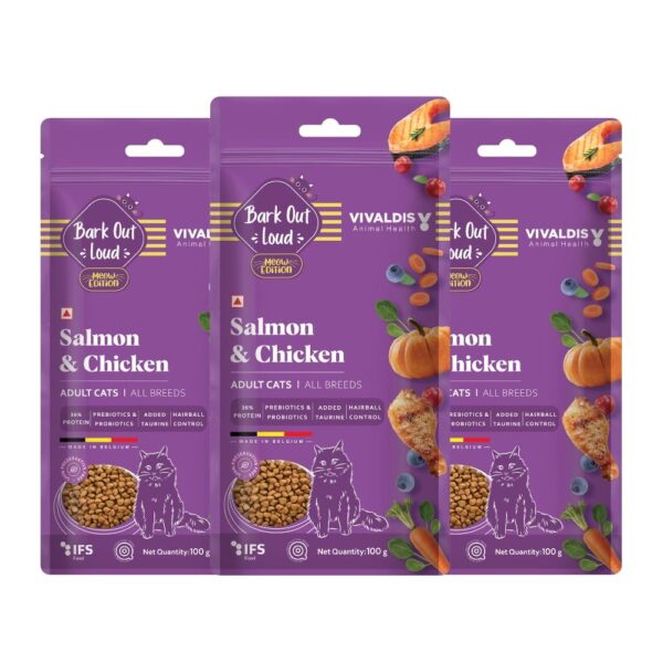 BARK OUT LOUD - Premium Cat Dry Food | Fresh BARK OUT LOUD - Premium Cat Dry Food | Fresh Salmon & Chicken | Hairball Control | Added Taurine |Omega Fatty Acids | Probiotivs -No Preservaties - Kibbles for Adult Cat 300 gm