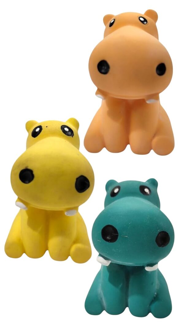 61DJgzu9gL._SL1500_.jpg The Pets Company Latex Squeaky Chew Dog/Puppy Toy for Puppies & Small Dogs | Durable, Animal Design, Non-Toxic, for Playing, Teething and Chewing | Sitting Hippo - 7 Cm (Color May Vary)