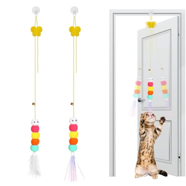 Cat Toys, Hanging Spring Toys for Cats, Interactive Cat Playing Toy with Feathers and Crinkle Paper, Kitten Toys for Indoor Play, 2-Pack