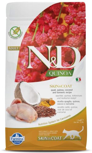 Farmina N&D Quinoa Skin & Coat Cat Food | Grain-Free | Quail, Quinoa, Coconut & Turmeric | Supports Healthy Skin & Coat | 1.5kg