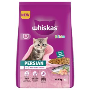 Whiskas Persian Kitten (2-12 Months) Dry Cat Food, 6.8kg, 100% Complete & Balanced Tailor Made Nutrition, Reduces Hairfall, for Healthy Coat & Skin