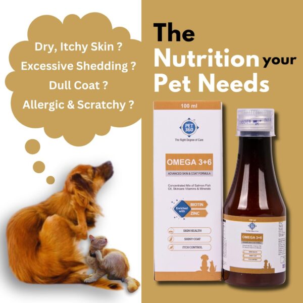 Omega 3+6 Concentrated Salmon Fish Oil for Dogs & Cats with Vitamins & Minerals | Shinier Coat, Itch & Allergy Control | Improves Skin & Hair Health | Nutritional Supplement for Pets - 100 ml