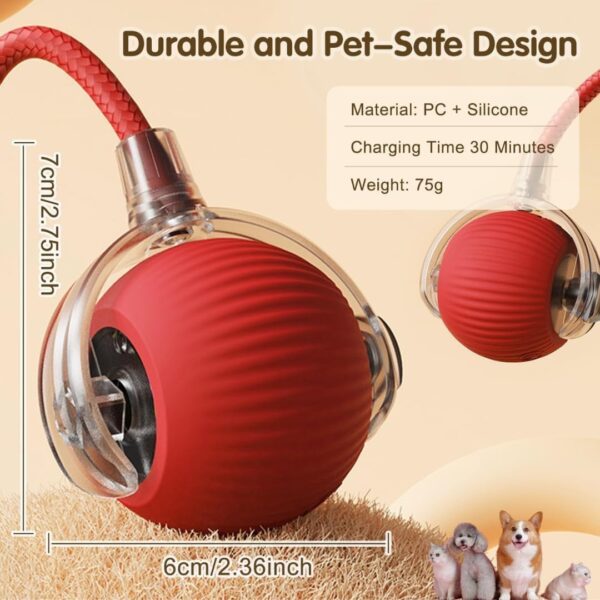 Interactive Electric Automatic Rolling Moving Rechargeable Self Play Stimulation Toy for Cats and Small Dogs - Smart Pet Chase Ball with Speedy Tail Rope for Indoor Enrichment (Red)