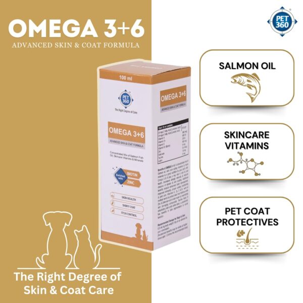 Omega 3+6 Concentrated Salmon Fish Oil for Dogs & Cats with Vitamins & Minerals | Shinier Coat, Itch & Allergy Control | Improves Skin & Hair Health | Nutritional Supplement for Pets - 100 ml