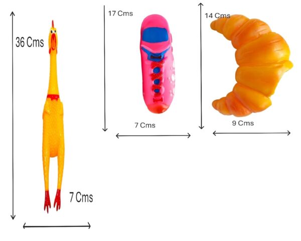 The Pets Company Vinyl Squeaky Chew Dog/Puppy Toy for Puppies & Small Dogs | Durable, Animal Design, for Playing, Teething and Chewing | Pack of 3 (Rooster, Croissant, Shoe) (Color May Vary)