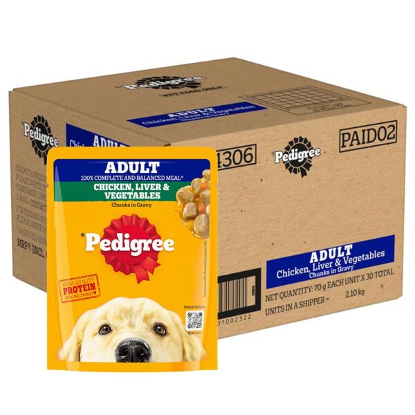 Pedigree Adult Wet Dog Food, Grilled Liver Chunks Flavour in Gravy with Vegetables, 70 g (Pack of 30), Complete & Balanced Nutrition for Adult Dogs