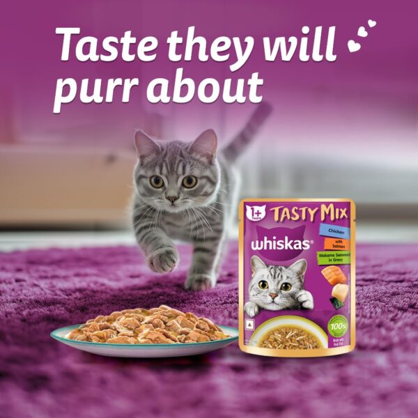 61LfOFh0qpL._SL1100_.jpg Whiskas Tasty Mix Adult (1+ Year) Wet Cat Food, Chicken with Salmon Wakame Seaweed in Gravy, 70 g, Cat Food Made with Real Fish, Complete & Balanced Nutrition for Adult Cats