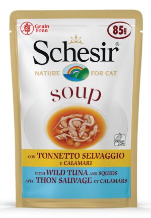 Schesir Soup with Wild Tuna & Squid – Premium Natural Schesir Soup with Wild Tuna & Squid – Premium Natural Cat Wet Food | Protein-Rich, Omega-3 for Skin & Coat, Easy to Digest, Grain-Free, No Additives, 85g