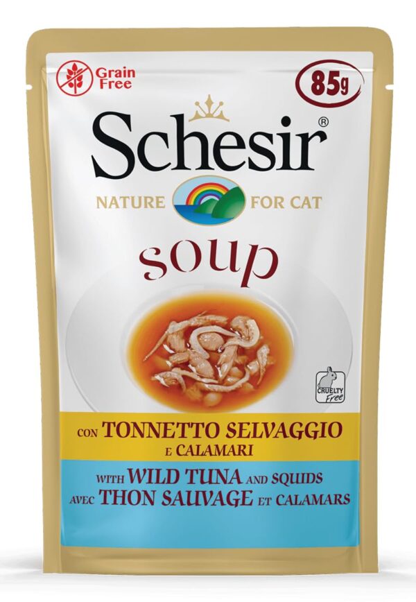 Schesir Soup with Wild Tuna & Squid – Premium Natural Cat Wet Food | Protein-Rich, Omega-3 for Skin & Coat, Easy to Digest, Grain-Free, No Additives, 85g