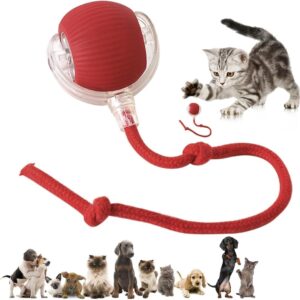 Interactive Electric Automatic Rolling Moving Rechargeable Self Play Stimulation Toy for Cats and Small Dogs - Smart Pet Chase Ball with Speedy Tail Rope for Indoor Enrichment (Red)