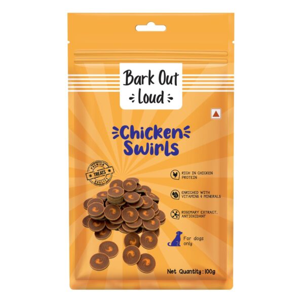 BARK OUT LOUD By Vivaldis - Chicken Swirls Dog Treat BARK OUT LOUD By Vivaldis - Chicken Swirls Dog Treat Flake|Nutritious Ingredient Treats|Rich In Protein, Omega 3 Fatty Acids, Antioxidants For Dogs Of All Life Stages - 100 Gm, Pack Of 1