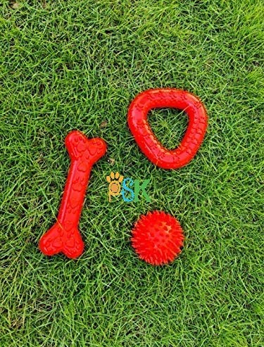 PSK PET MART Rubber Large Chew Bone, Interactive Dog Chew Toy for Adult Dogs, Combo (Spike Ball + Triangle + Bone) (Multi-Colour)(Pack of 1Pcs)