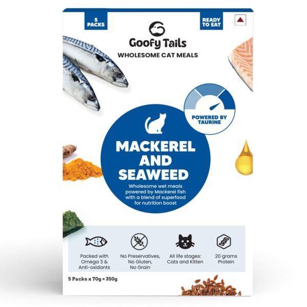 Goofy Tails Mackerel and Seaweed Wet Cat Food and Kitten Food, 350g (70g X 5 Pouches), Preservative Free, Gluten & Grain Free, Balanced Cat Wet Food, Powered by Taurine with Omega 3 & Antioxidants
