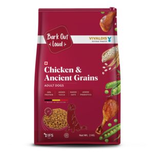 Bark Out Loud Adult Dry Dog Food, Chicken & Ancient Bark Out Loud Adult Dry Dog Food, Chicken & Ancient Grains | Low Grain Dry Dog Food for Medium & Large Breeds | High Protein Kibbles with Prebiotics, Super Herbs, Antioxidants & Fibre 2 kg