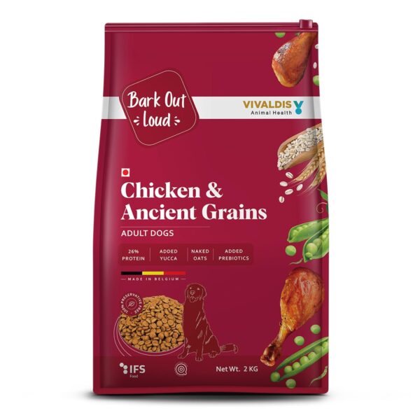 Bark Out Loud Adult Dry Dog Food, Chicken & Ancient Bark Out Loud Adult Dry Dog Food, Chicken & Ancient Grains | Low Grain Dry Dog Food for Medium & Large Breeds | High Protein Kibbles with Prebiotics, Super Herbs, Antioxidants & Fibre 2 kg
