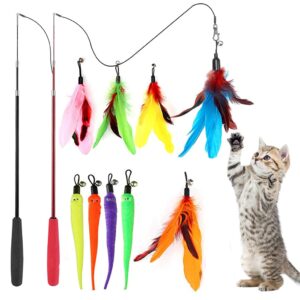 Qpets® Cat Teaser Toy,11 Pcs Cats Toys Set with 2 Qpets® Cat Teaser Toy,11 Pcs Cats Toys Set with 2 Retractable Teaser Wand & 5 Feather Teaser & 4 Worm Teaser for Kitten to Play Chase Activity Exercise