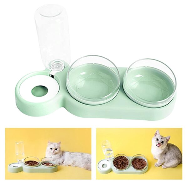 61WUvKYMcML._SL1500_.jpg Pet Water Dispenser - 3 in 1 Pet Double Bowls 2 Food Bowls 1 Water Feeder Set Food Feeder Set for Cats Puppy Small Dogs | Easy Cleaning with Waterer Bottle for Indoor for Cat Dog