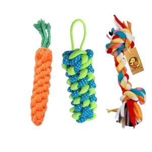 Foodie Puppies 3in1 Dog Chew Cotton Rope Toys Combo for Dogs (2Knot Rope + Corn Stick + Carrot Rope) | Washable Chew Rope Dog Toys for Playing, Teeth Cleaning and Training | for Medium to Large breeds