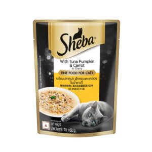 Sheba Fine Premium Adult (1+ Years) Wet Cat Food, Tuna Sheba Fine Premium Adult (1+ Years) Wet Cat Food, Tuna Pumpkin & Carrot in Gravy, 70 g Pouch, High-Moisture Gravy cat Food for Healthy Hydration