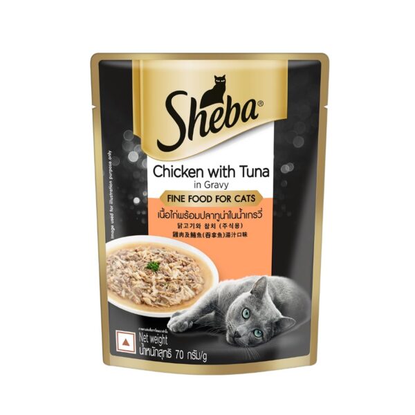 Sheba Fine Premium Adult (1+ Years) Wet Cat Food, Chicken with Tuna in Gravy, 70 g Pouch, High-Moisture Gravy cat Food for Healthy Hydration