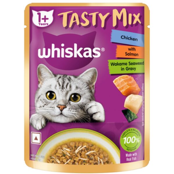Whiskas Tasty Mix Adult (1+ Year) Wet Cat Food, Chicken Whiskas Tasty Mix Adult (1+ Year) Wet Cat Food, Chicken with Salmon Wakame Seaweed in Gravy, 70 g, Cat Food Made with Real Fish, Complete & Balanced Nutrition for Adult Cats