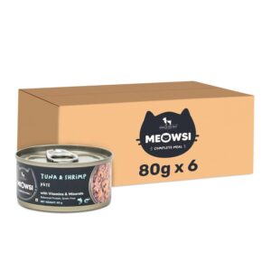 Meowsi by HUFT Tuna & Shrimp Pate Canned Wet Cat Food - 80 gm | Pack of 6 | Soft & Delicious Meal for Persian & All Breeds | High-Protein, Grain-Free Food for Adult Cats